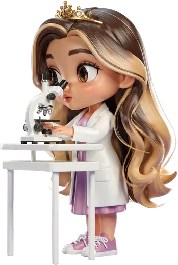 A mini dela, um personagem 3D de jaleco, olhando no microscópio